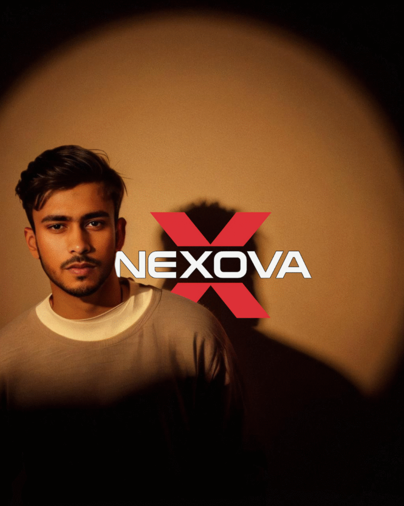 Promotional image for Nexova featuring a young man in warm spotlight lighting with the Nexova X logo overlayed at the center.