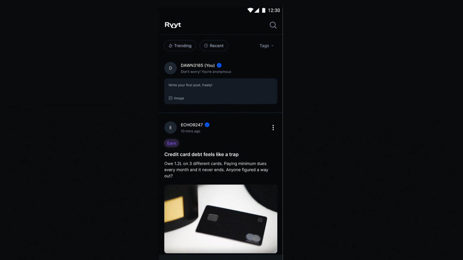 Mobile app interface of an anonymous social platform named “Rvyt,” showing a user post box at the top and a post below discussing credit card debt, with a black credit card image displayed.