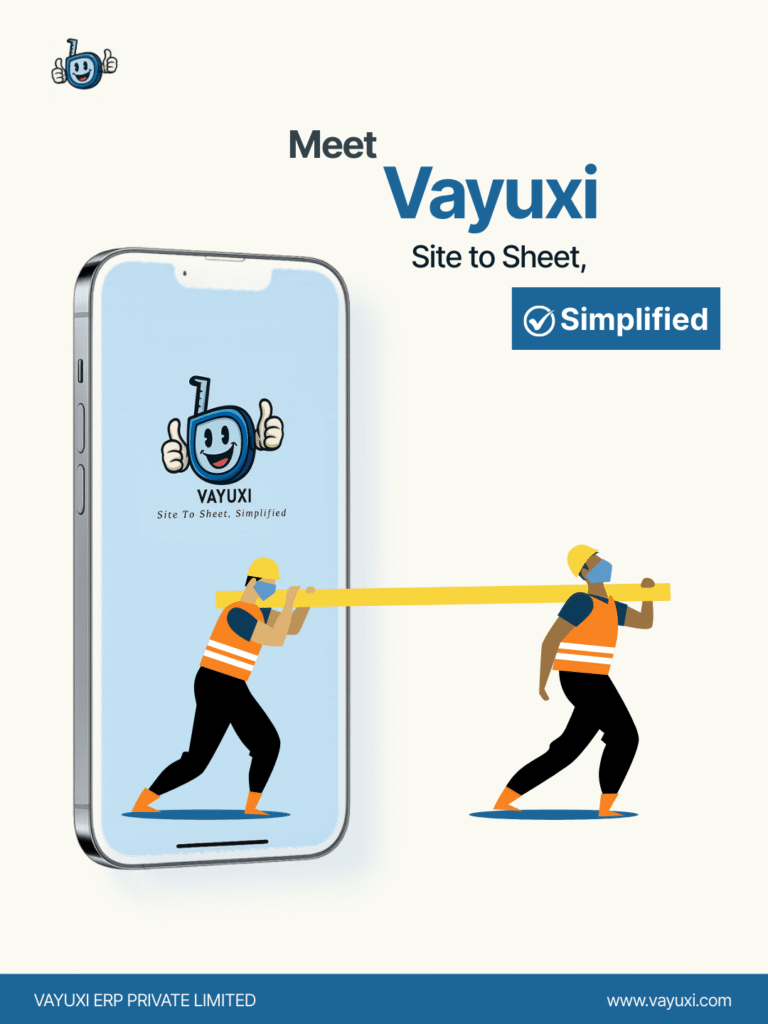 Vayuxi ERP app poster showcasing construction workers and mobile interface with tagline “Site to Sheet, Simplified.”