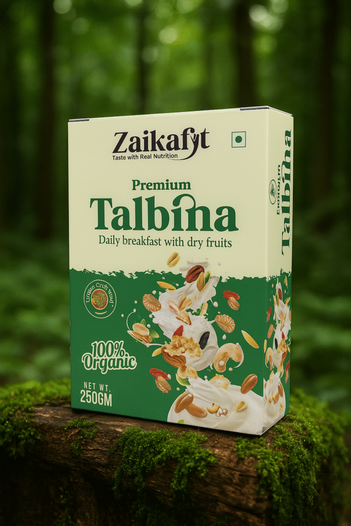Zaikafyt Premium Talbina cereal box with dry fruits, 100% organic healthy breakfast, 250g pack displayed in a natural forest background.