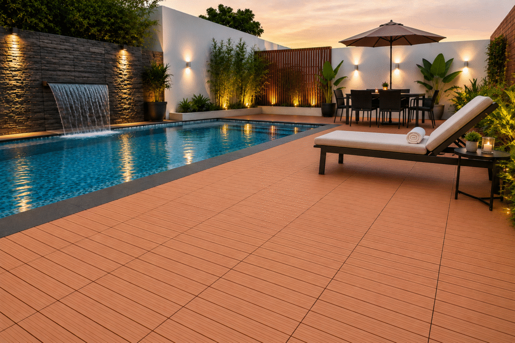 Why WPC Deck Tiles Are the Best Choice for Modern Balconies Modern outdoor poolside patio featuring premium WPC deck tiles with warm wood finish, ambient landscape lighting, waterfall wall, luxury lounge chair, dining setup, tropical plants, and elegant contemporary backyard design at sunset.